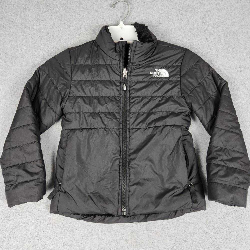 The North Face Reversible Mossbud Swirl Puffer Fleece Jacket Girls XXS Black